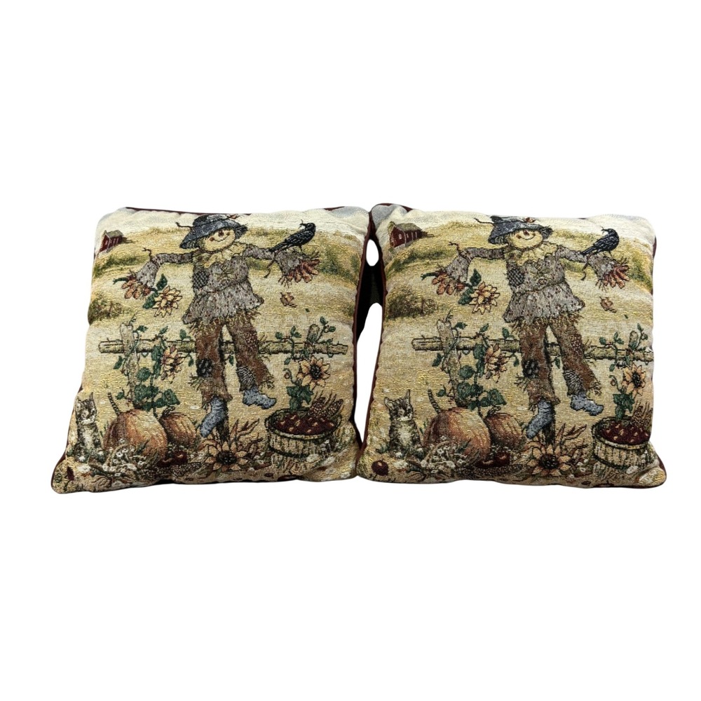 VTG Scarecrow Tapestry Throw Pillows 15 x 15" Set 2 Greg Giordano Fall Harvest